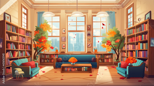 Illustration of a library room with many book and bookshelves and sitting area