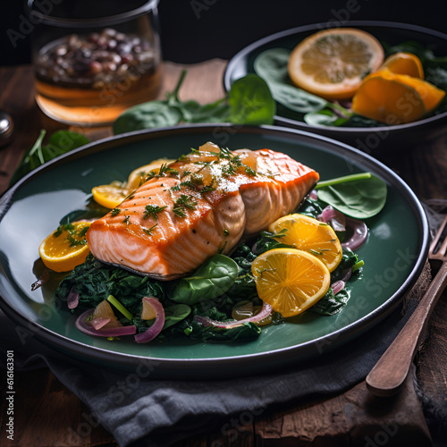 Grilled salmon with spinach and lemon. Paleo, keto, food map, dash diet. Healthy concept