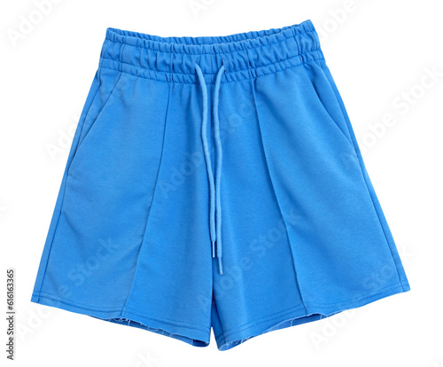 Blue textile shorts isolated on white. Women trendy wear. Male clothes.