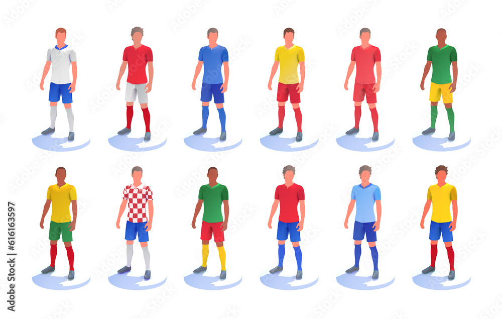 3d illustration of several soccer (succer) players. T-shirts with the color of various national teams and teams.