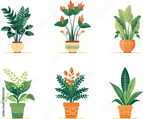 Plant pots set illustration, Vibrant botanical garden with various plants, vegetables, and succulents thriving in pots.