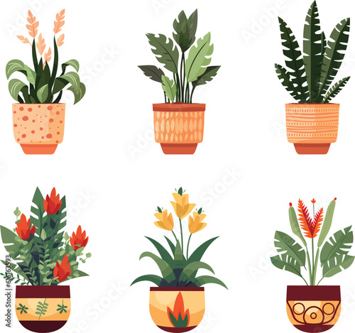 Plant pots set illustration, Vibrant botanical garden with various plants, vegetables, and succulents thriving in pots.