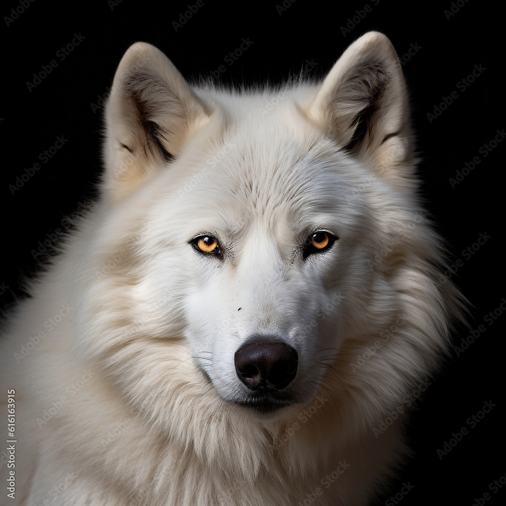 portrait of a white wolf staring at the camera, black background