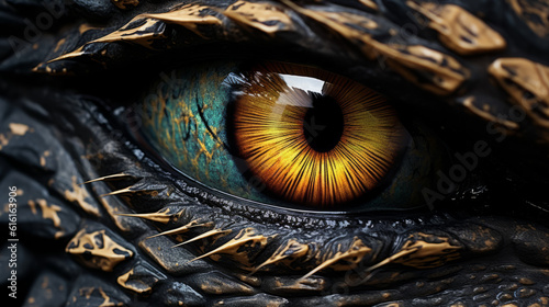 Extreme close-up view of a yellow dragon eye