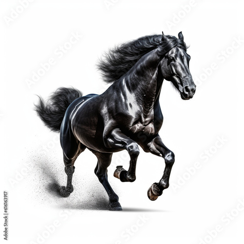 black horse running, white background