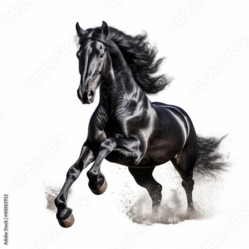 beautiful black horse running, white background