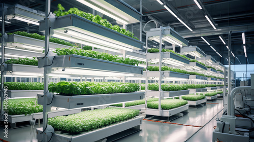 Hydroponics vertical farm in building with high technology farming, agricultural greenhouse with hydroponic shelves photo
