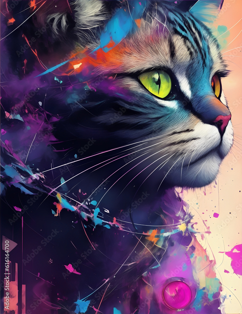 Introducing a captivating digital painting that merges the realms of abstract beauty and feline grace. This stunning artwork captures the essence of a cat in all its magnificence, with its centered ga
