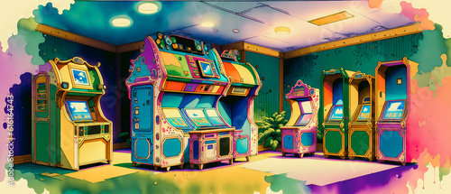 Arcade games room. Watercolor Style. Generative AI.