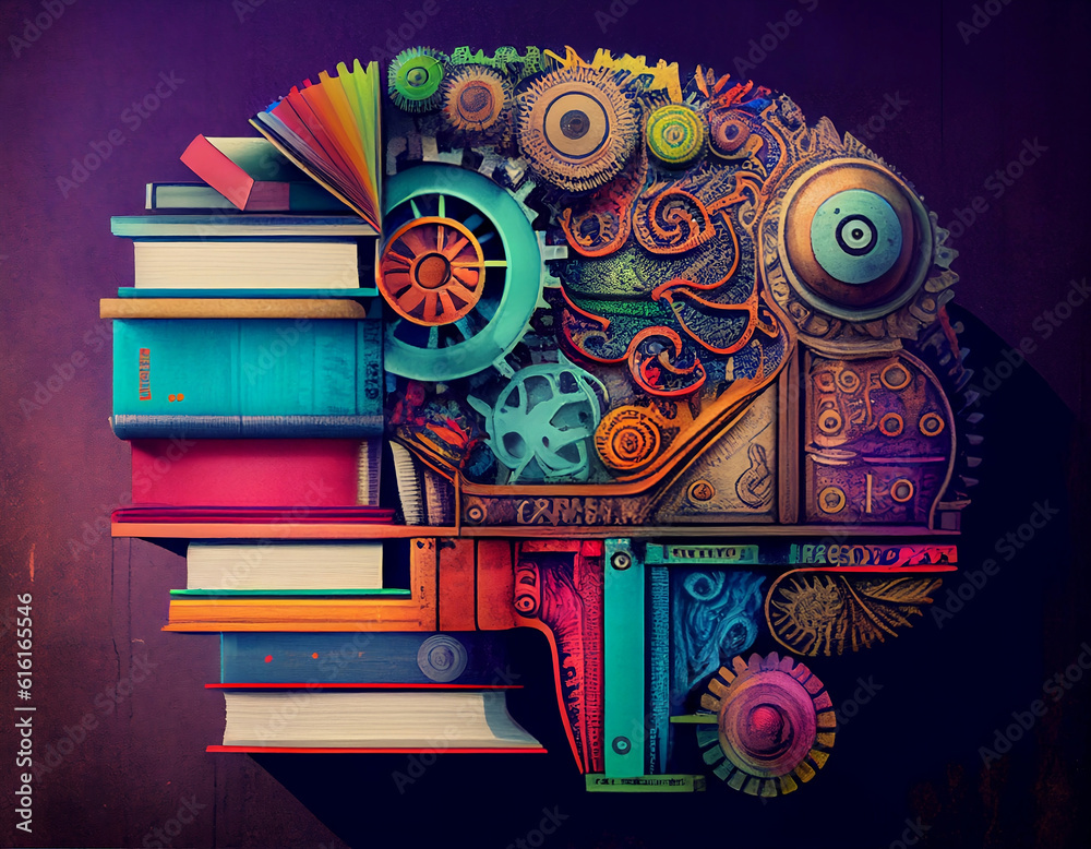 Fototapeta premium Human brain with gears and books. Abstract illustration.