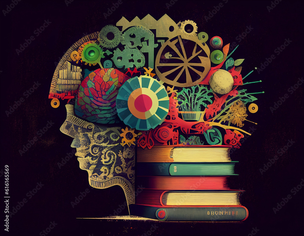 Fototapeta premium Colorful collage with books, cogs and human head. Intelligence illustration, education thoughts.