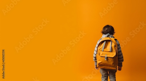 A child with a school backpack walks on the way to school. Backpack for a teenager. Solid yellow background. Place for text. generative AI