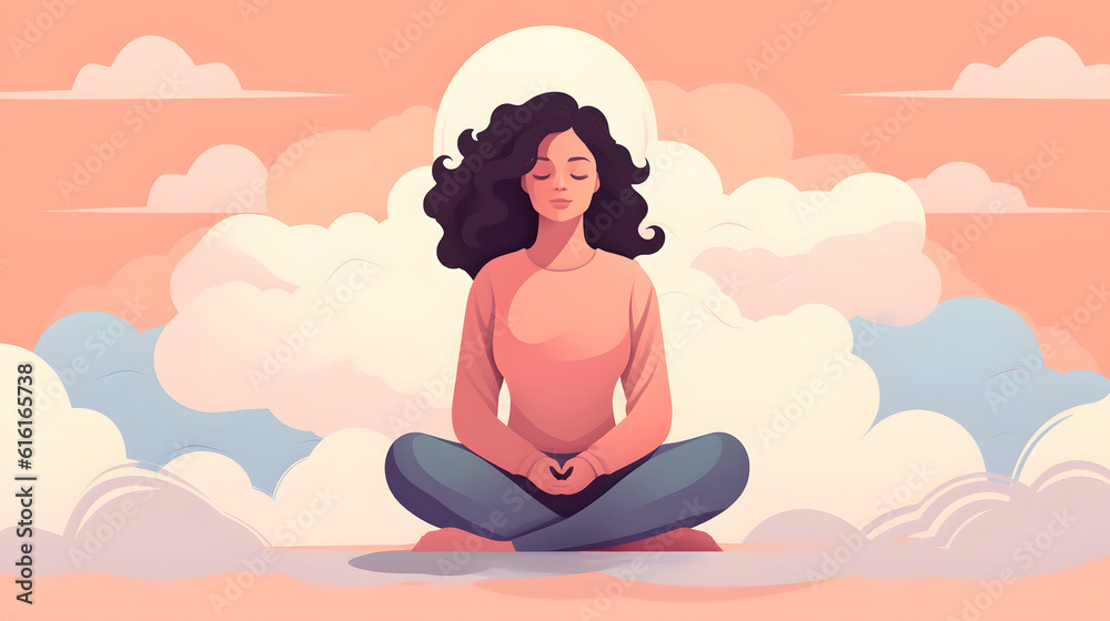 Woman doing yoga meditating in the morning illustration. Generative AI