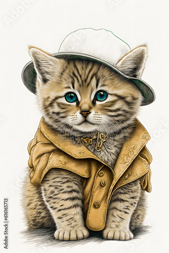 cute british kitten wearing hat and coat. Generative AI illustration