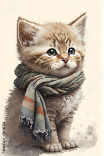 Cute kitten wearing scarf. Cute cat illustration artwork