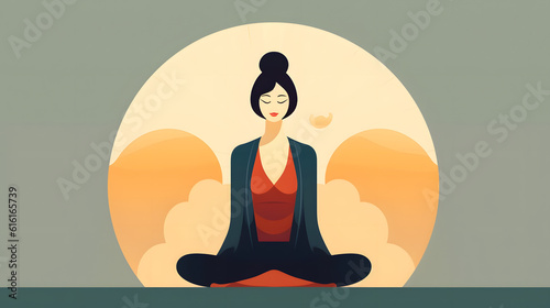 Minimal illustration of a woman doing yoga meditating in the morning. Generative AI