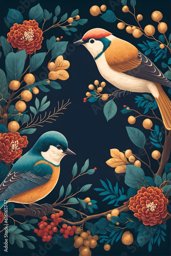Plants, flowers and bird. Vector classic illustration.  Floral background, pattern or wedding invitation. Generative AI illustration