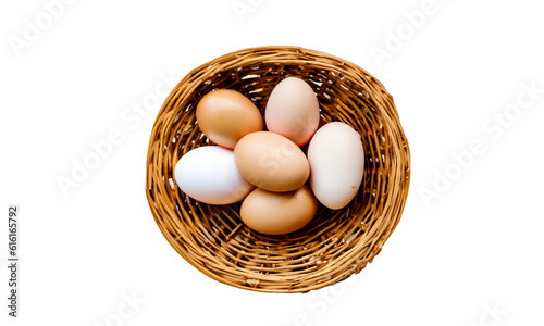free-range eggs in a wicker basket isolated on a transparent background.