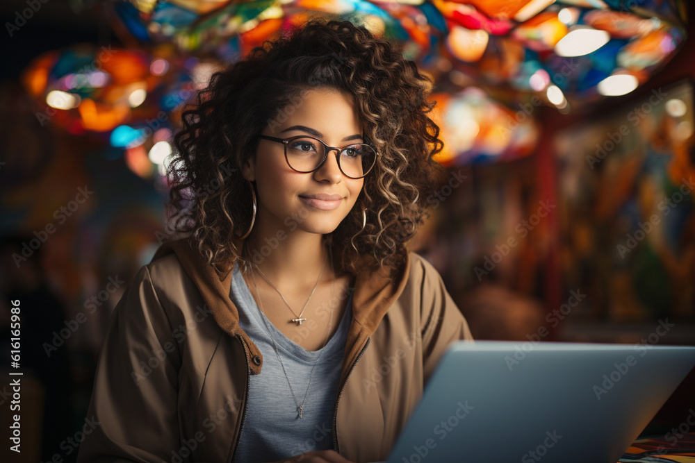 Portrait of an ethnic woman with a creative and innovative expression while working on her laptop, ethnic woman working, business, natural light, affinity, bright background Generative AI