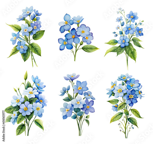 Watercolor forget-me-not flower set. Generative Ai