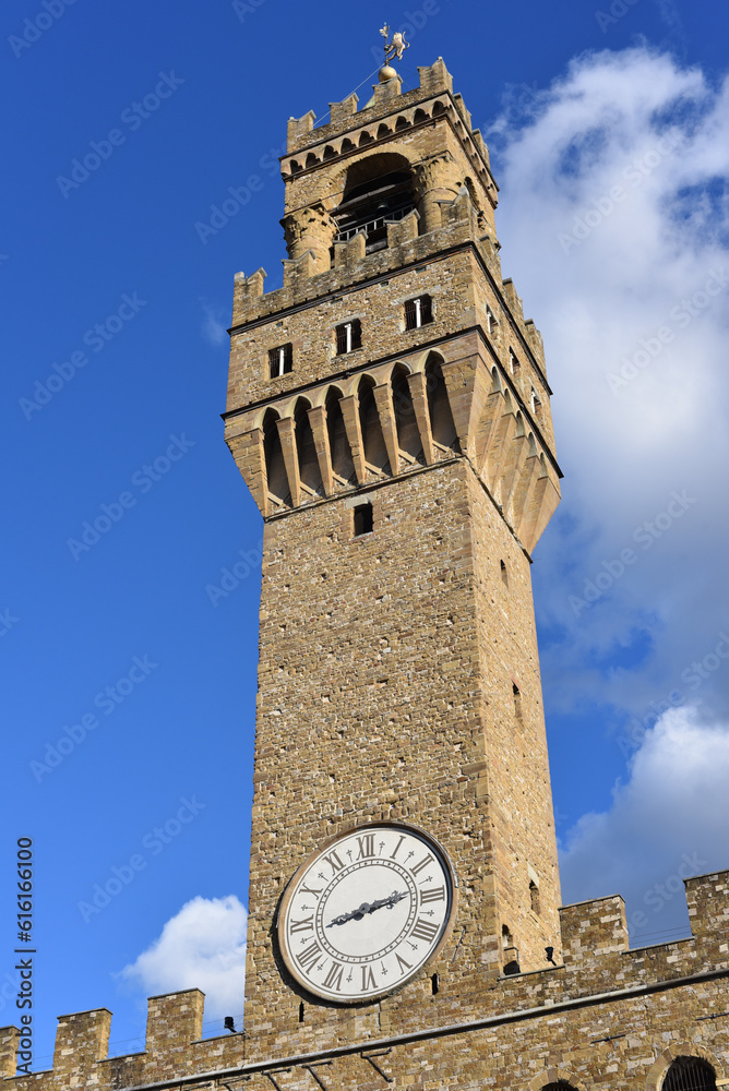 Florence, Italy - 20 Nov, 2022: The Palazzo Vecchio seen from the Uffizi Gallery
