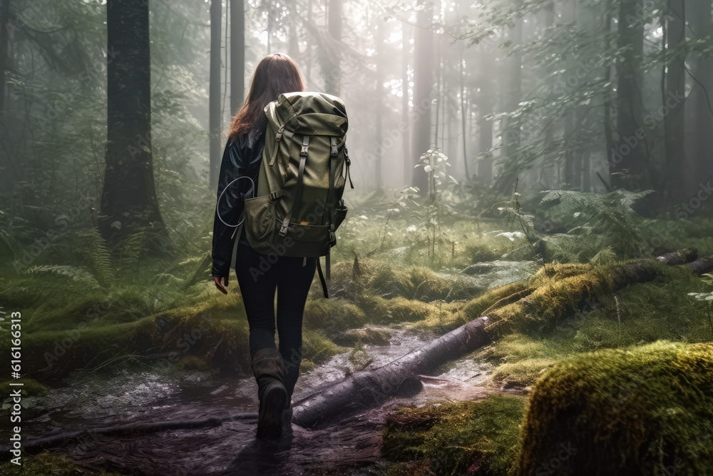 A woman hiking in the misty green forest. Generative AI.