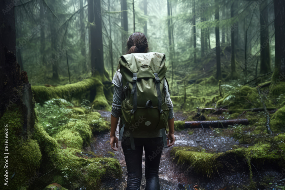 A woman hiking in the misty green forest. Generative AI.