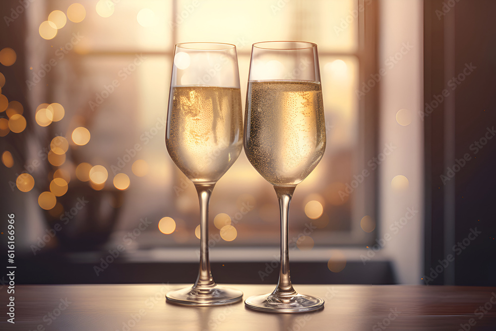 Champagne glasses, golden bokeh, Generative AI 1