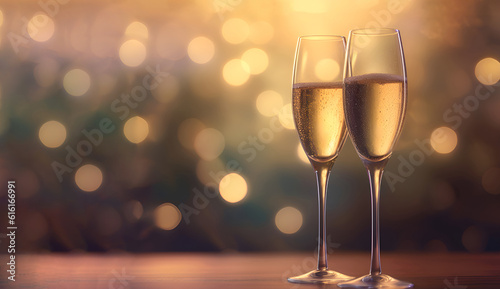 Champagne glasses, golden bokeh, banner, Generative AI
