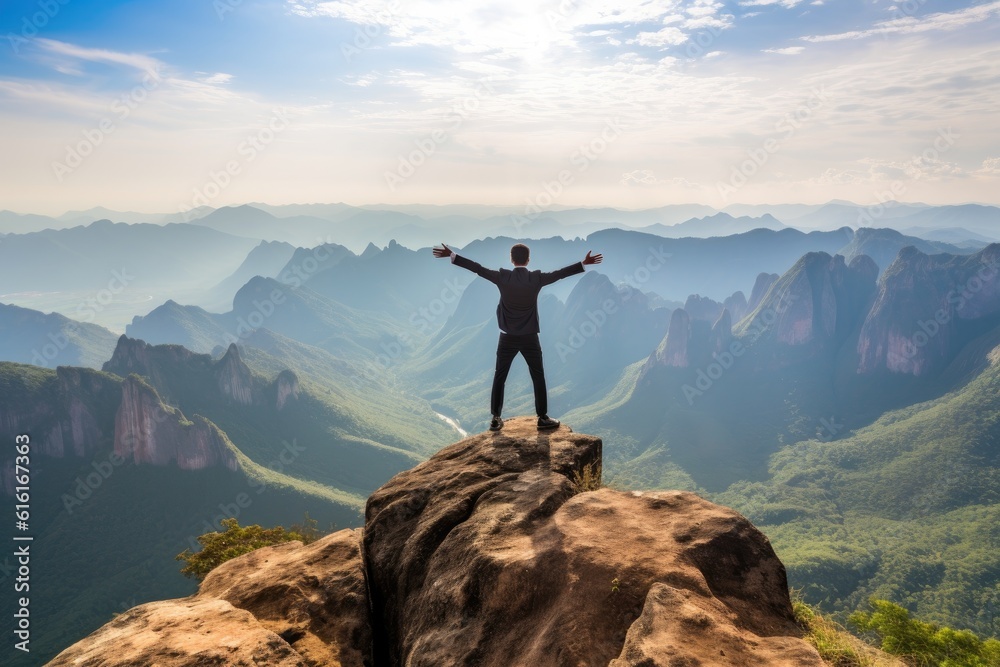 Businessman with Hands Raised at the Summit of a Mountain