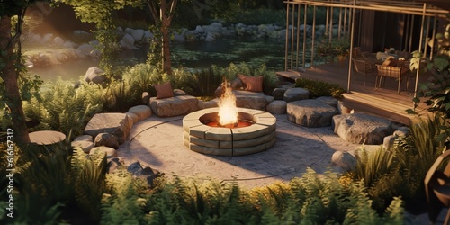 AI Generated. AI Generative. Fire burn flame pit at garden outdoor nature party. Graphic Art