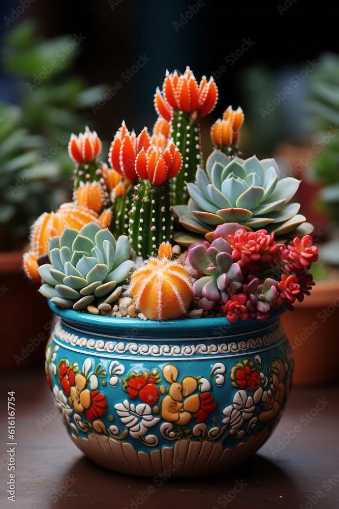 Illustration of small succulents and cacti plants arranged in a pot, adding a touch of greenery to any space created with Generative AI technology