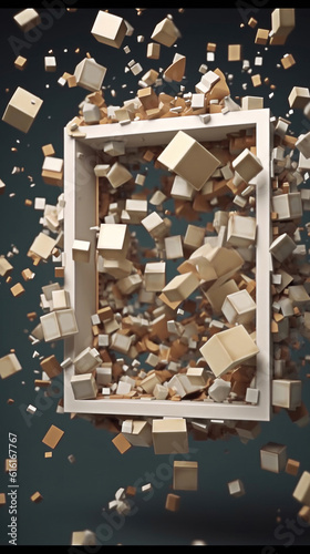Box Surrounded By Cubes In Flight With White Frame On Dark Background - Stunning Stock Image For Your Design Needs! 3D Still Motion Animation Frame Generative AI