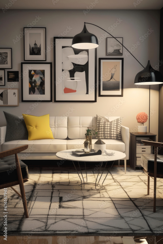 Fototapeta premium A modern living room with Scandinavian minimalism. Clean-lined sofa in a light neutral tone, a set of minimalist side tables, and a statement rug with bold colors. Generative AI