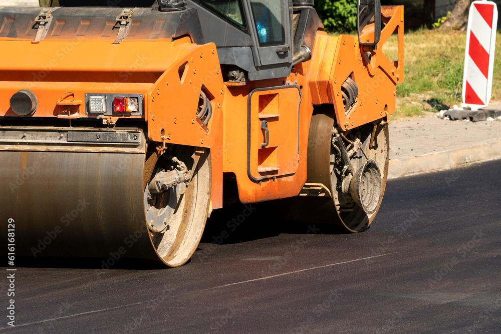 Heavy vibratory road roller close-up Heavy vibratory road roller close-up