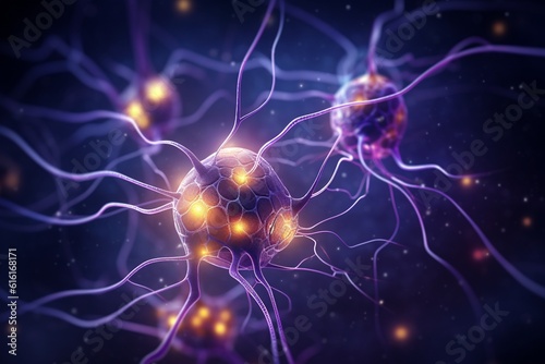 Brain neurons illustration. Close up, purple. Mind visualisation. Generative AI