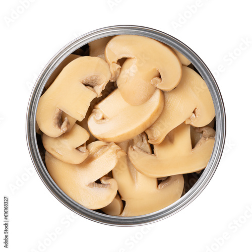 Canned sliced white champignon mushrooms, in a open tin can. Agaricus bisporus, also called common, button, cultivated or table mushroom. Close-up from above, isolated on white background, food photo.
