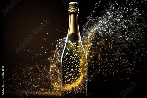 a bottle of champagne with white champagne splash on dark background. Pouring champagne. Generative AI