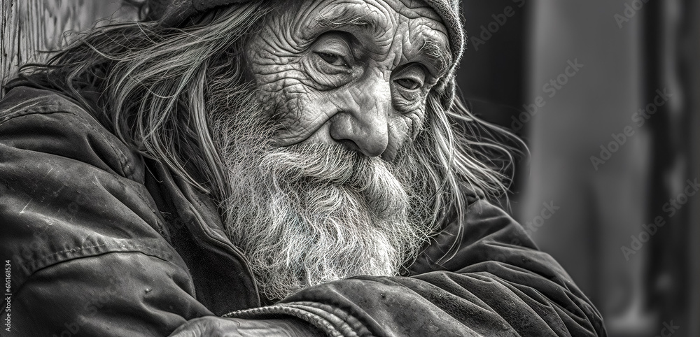 lonely homeless man on the street of a big city, black and white made with Generative AI