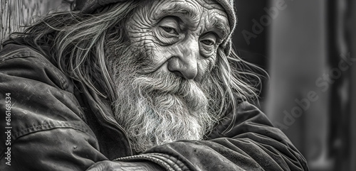 lonely homeless man on the street of a big city, black and white made with Generative AI