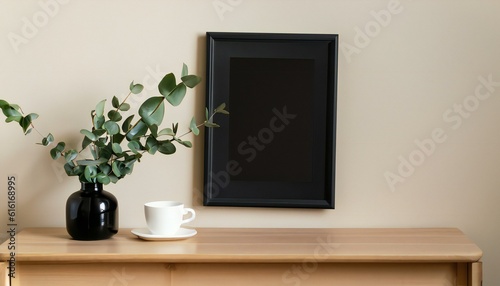 Minimal Vertical wooden picture frame mockup. Wooden table  desk. Minimal organic shaped vase etc.