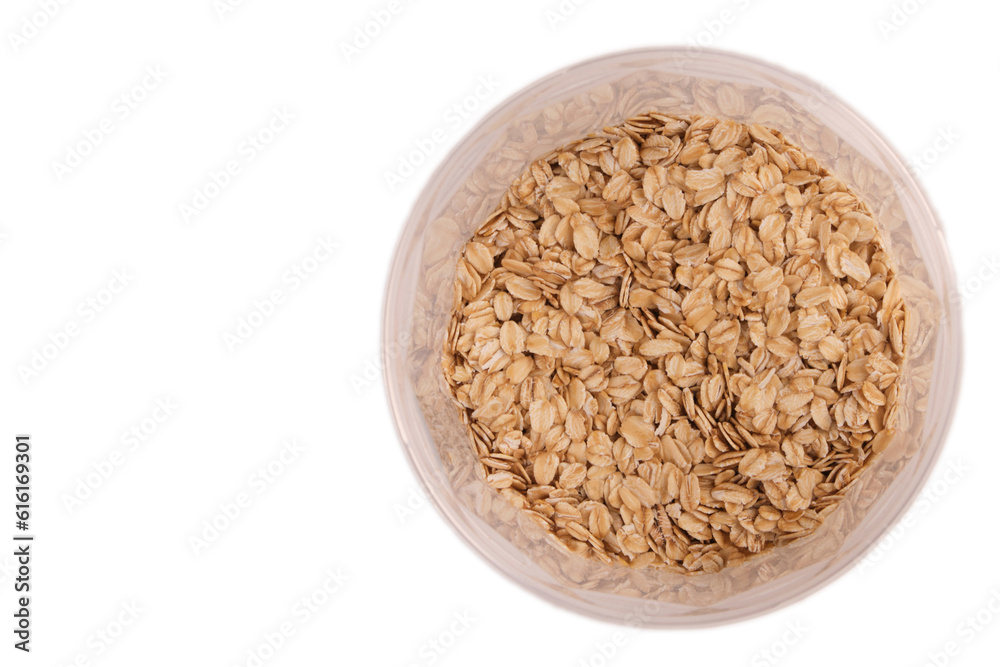 oatmeal groats in plastic jars isolate, top view with reflection on the walls oatmeal groats in plastic jars isolate, top view with reflection on the walls