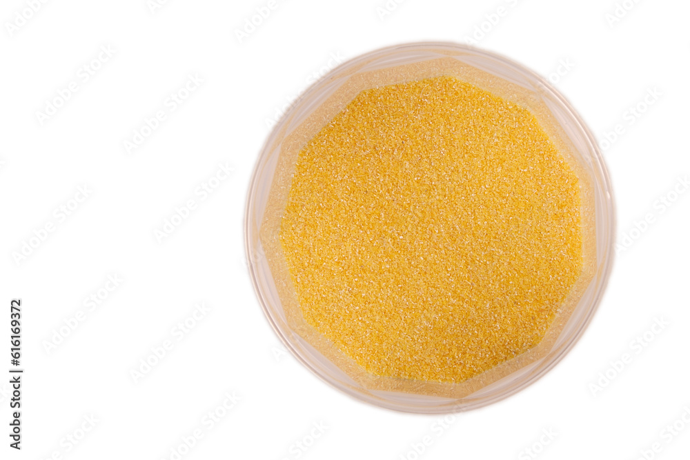 corn grits in plastic jars isolate, top view with reflection corn grits in plastic jars isolate, top view with reflection
