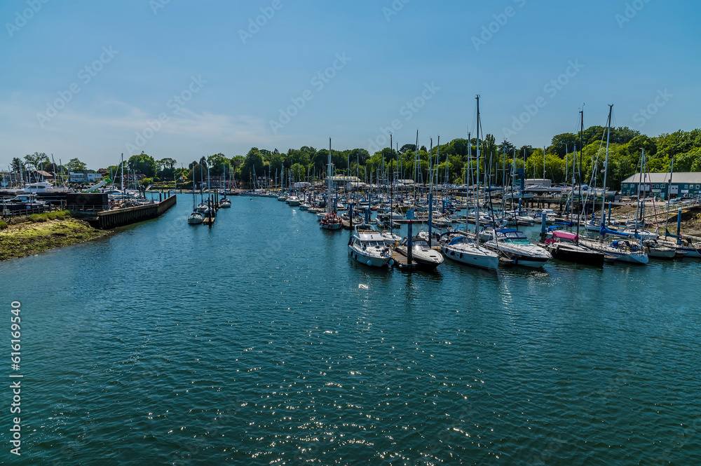 A view over the marina on the River Hamble, Hampshire in summertime