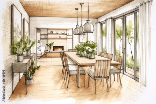 Pencil Sketch Watercolor Cozy Scandinavian Dining Room with Natural Wood Decor