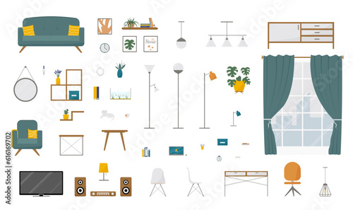 Living room vector illustration set. Design trendy items for home or office in flat style.