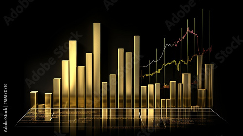 Financial gold charts, money stocks, financial business investments on currency growth market insight charts, gold exchange, economy, banking wealth trading price charts.  generated AI