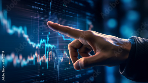 A hand pointing to a digital financial chart. Generative AI