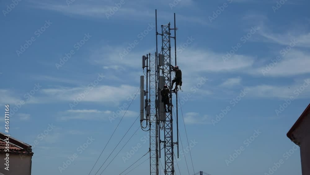 Antenna Workers Tower Risky Job Specialists Repairing Structure. Male