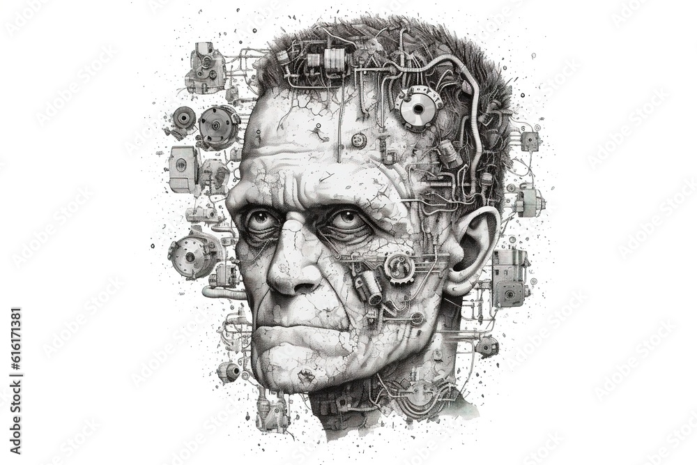 Frankenstein head isolated on white background. Generated by AI.